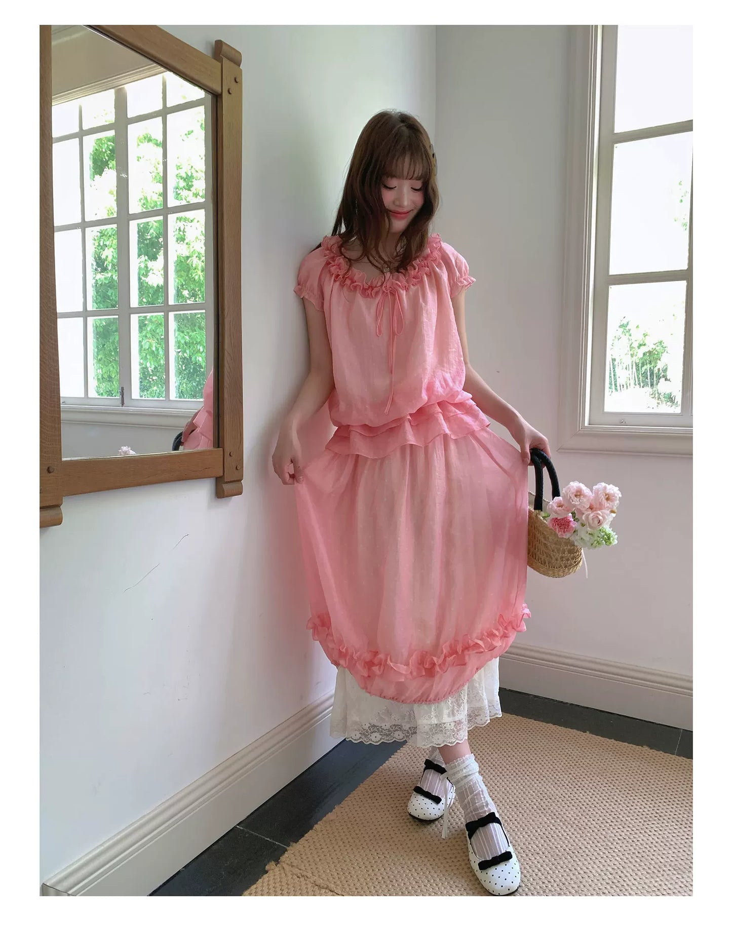 [RF] “Peach Picnic Reverie” Pink Plaid Two-Piece Skirt Set