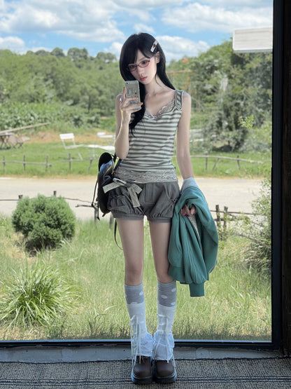 "Sage Whisper" Two-Tone Lace Cami Top (Sage Stripe / Lavender)