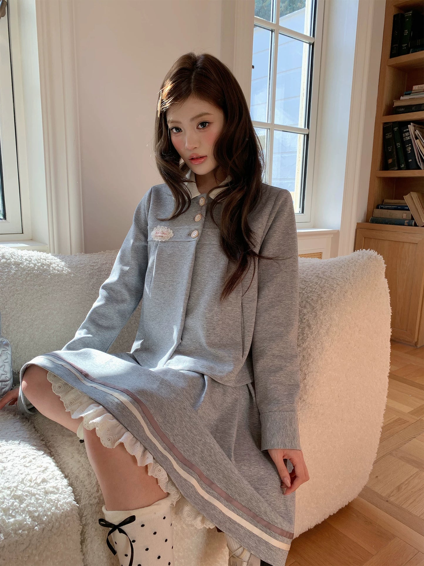 “Misty Academy Reverie” Light Grey Cropped Top & Bubble Mini Skirt