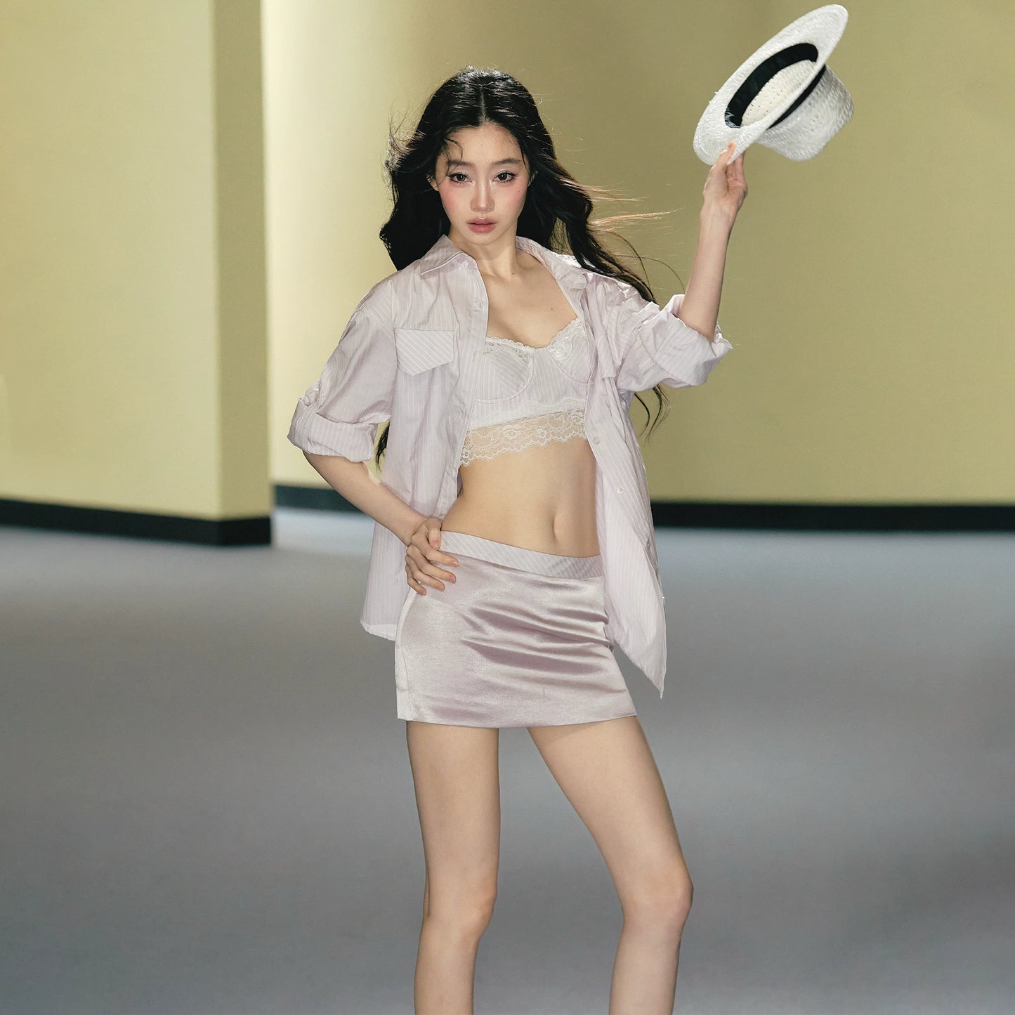 "Rosé Study Session" Pink Stripe Shirt, Lace Corset Cami & Champagne Skort Set