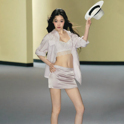 "Rosé Study Session" Pink Stripe Shirt, Lace Corset Cami & Champagne Skort Set