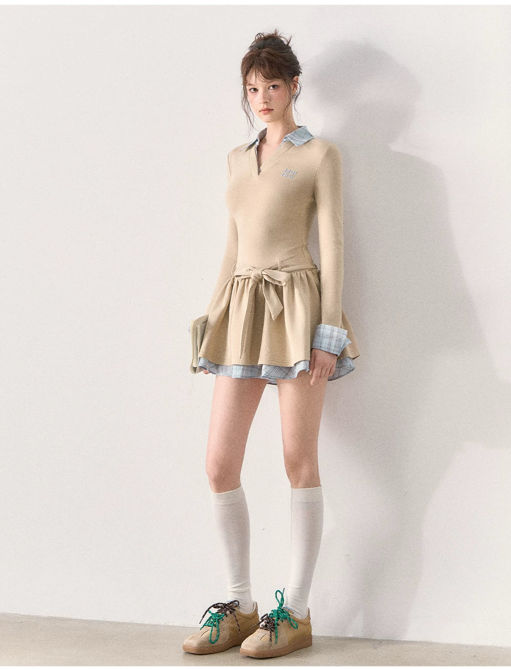 [TMMG] Miu-Inspired Preppy Knit Dress with Plaid Layered Detail & Bow Waist Belt