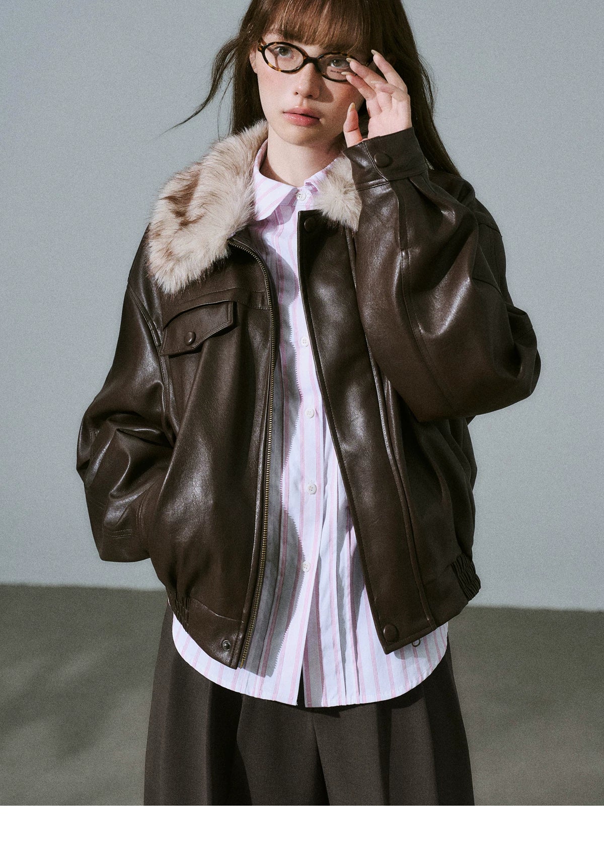 LOST FOREST - Pink-Brown Faux Leather Moto Jacket with Plaid Wool Collar