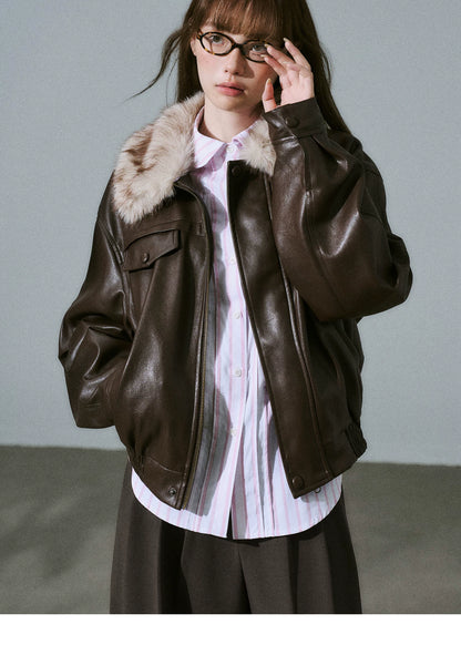 LOST FOREST - Pink-Brown Faux Leather Moto Jacket with Plaid Wool Collar