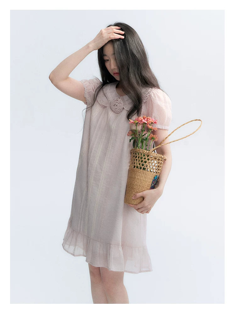 "Misty Wild Rose" Detachable Rose Lace Trim Puff Sleeve Midi Dress