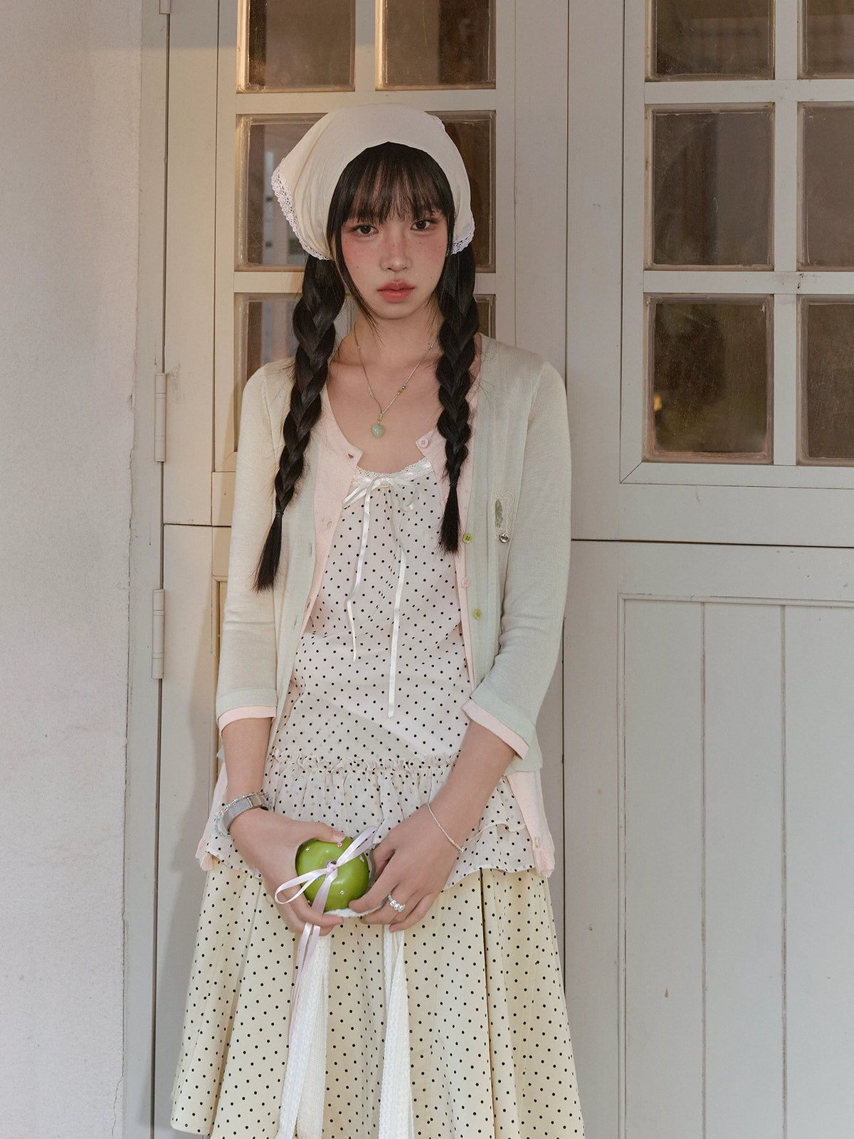 "Forest Vintage" Polka Dot Layered Collection (Mint Knit Cardigan / Oat Cami / Polka Dot Skirt / Denim Jeans)