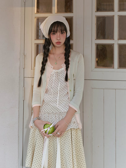 "Forest Vintage" Polka Dot Layered Collection (Mint Knit Cardigan / Oat Cami / Polka Dot Skirt / Denim Jeans)