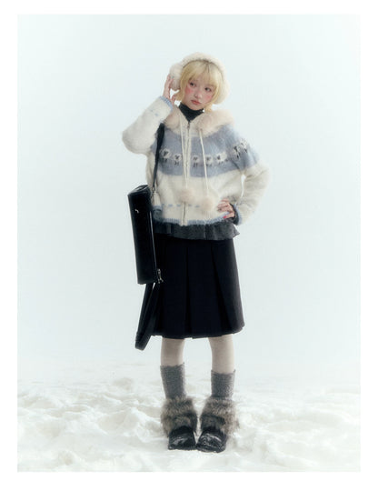 Horridale - Ice Blue White Sheep Jacquard Hooded Knit Cardigan
