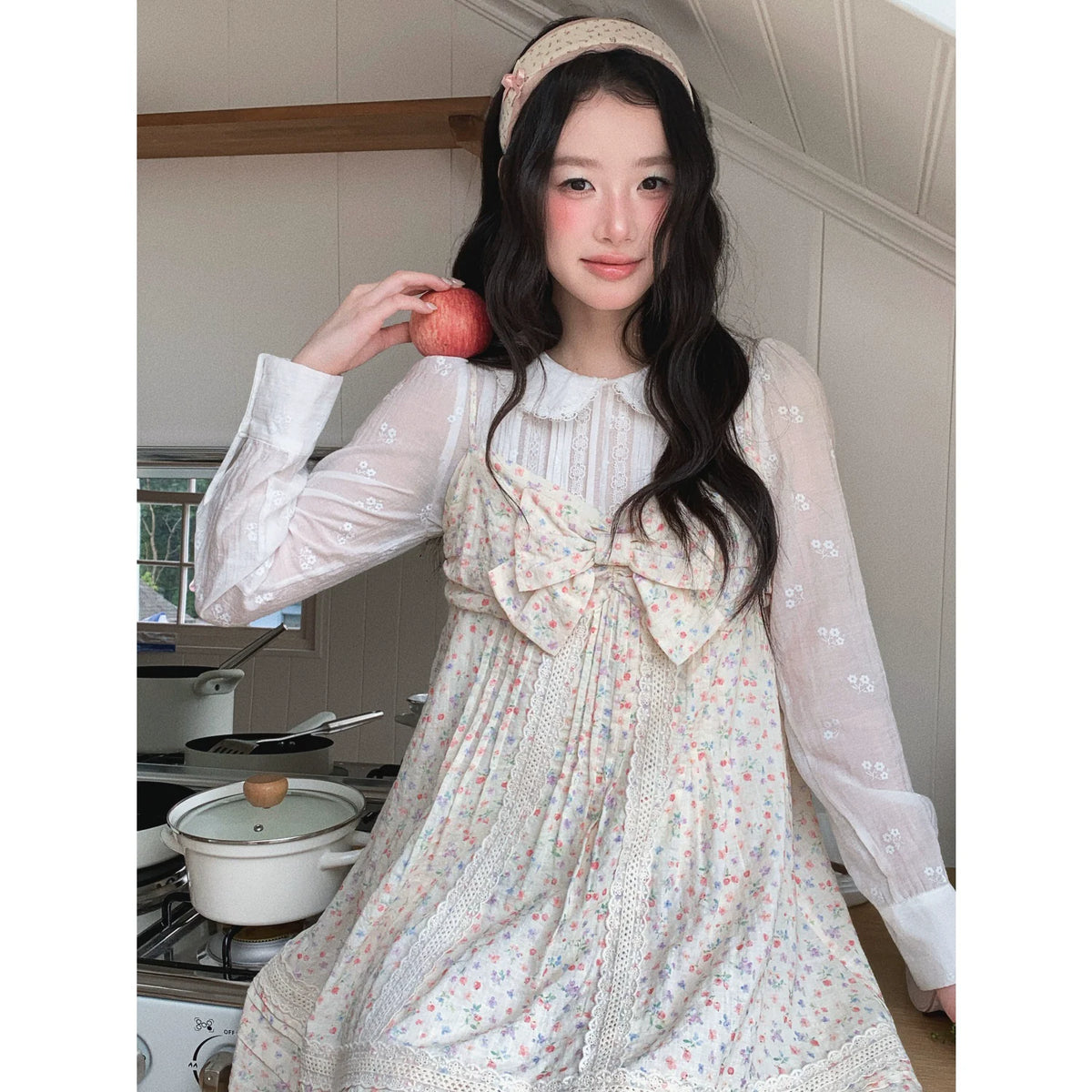 [[RF] “Garden Letter” Floral Print Cream Lace Bow Camisole Mini Dress