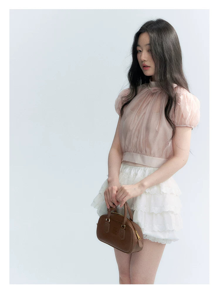 Vintage Stand Collar Bow Puff Sleeve Waist-Cinching Blouse with Knit Cami Set