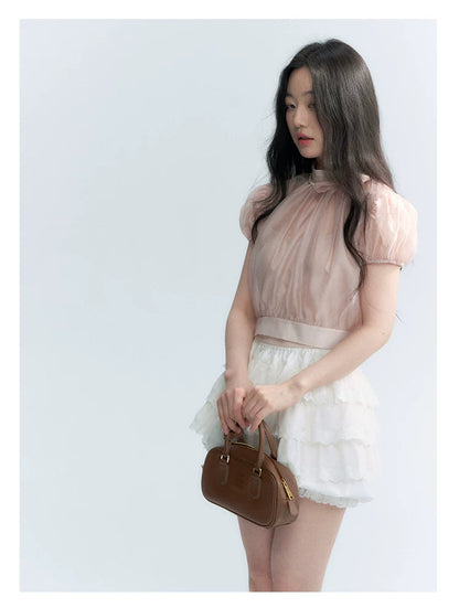 Vintage Stand Collar Bow Puff Sleeve Waist-Cinching Blouse with Knit Cami Set