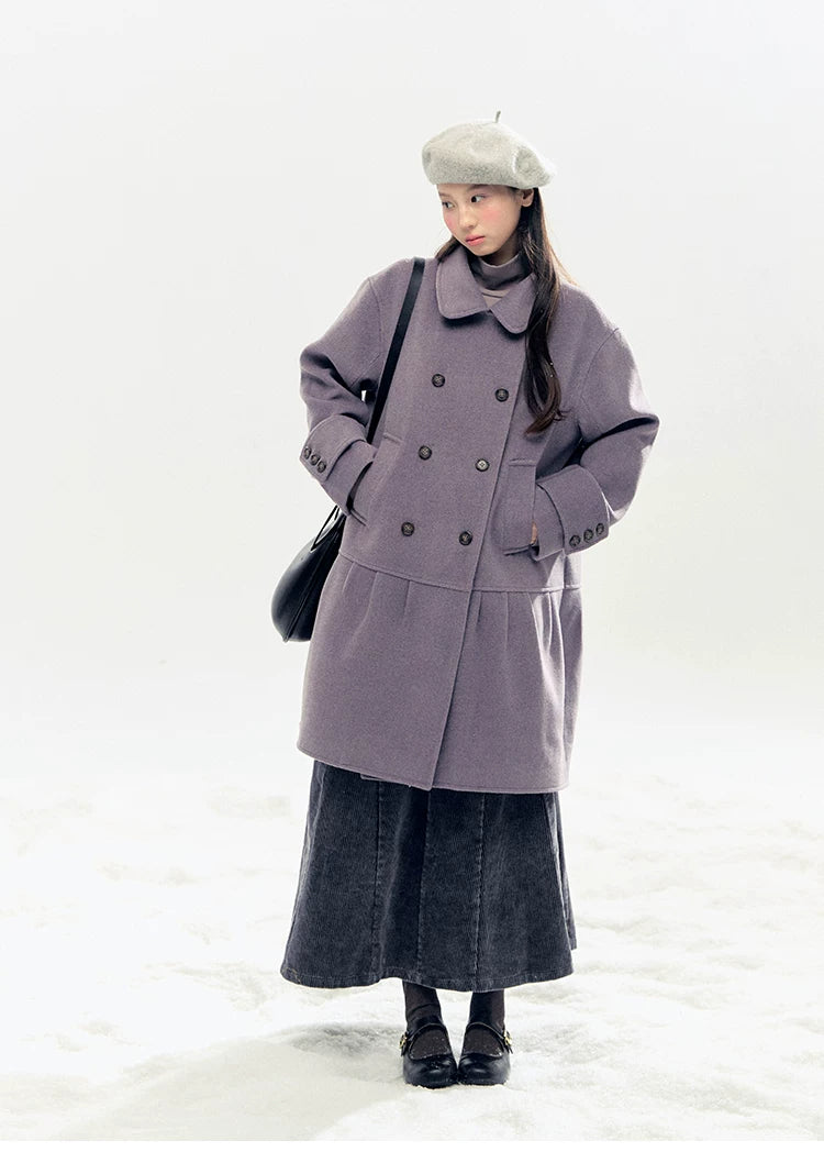 "Winter Chime" Double-Breasted Quilted Wool-Blend Coat (Smoky Purple/ Ash Gray)