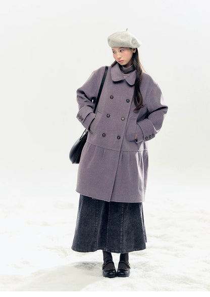 "Winter Chime" Double-Breasted Quilted Wool-Blend Coat (Smoky Purple/ Ash Gray)