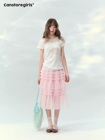 “Apple Mist Daydream” White Apple Print Ruched Tee