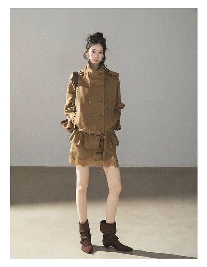 AOMALM - Sandstone Brown Faux-Suede Jacket & Lace-Trim Mini Skirt Set