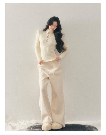 040126 "Lacewoven Dream" Mock Neck Layered Lace Knit Top - Oat Beige