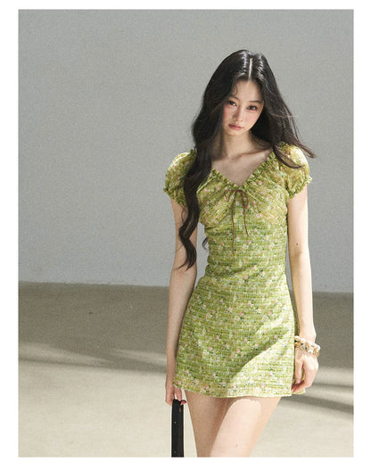 "Breath of the Forest" Misty Sage Embroidered Chiffon Mini Dress