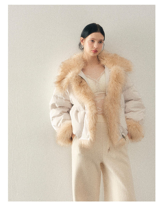 少也眼 “She Listens to the Snow’s Whisper” Pearl Matte White Fur-Collar Down Jacket