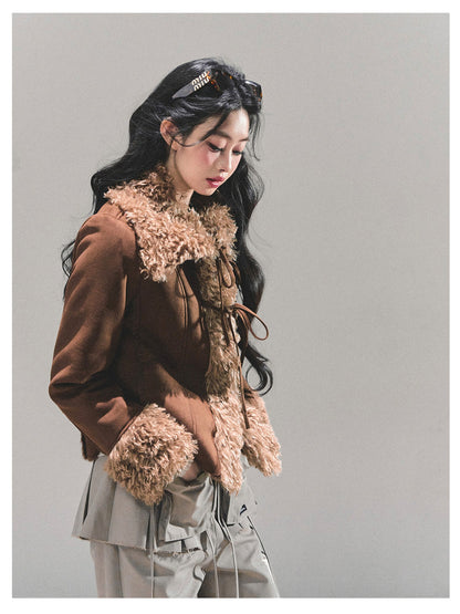 少也眼 “She Melted Into Winter" Faux Shearling Warm Jacket - Coffee Brown