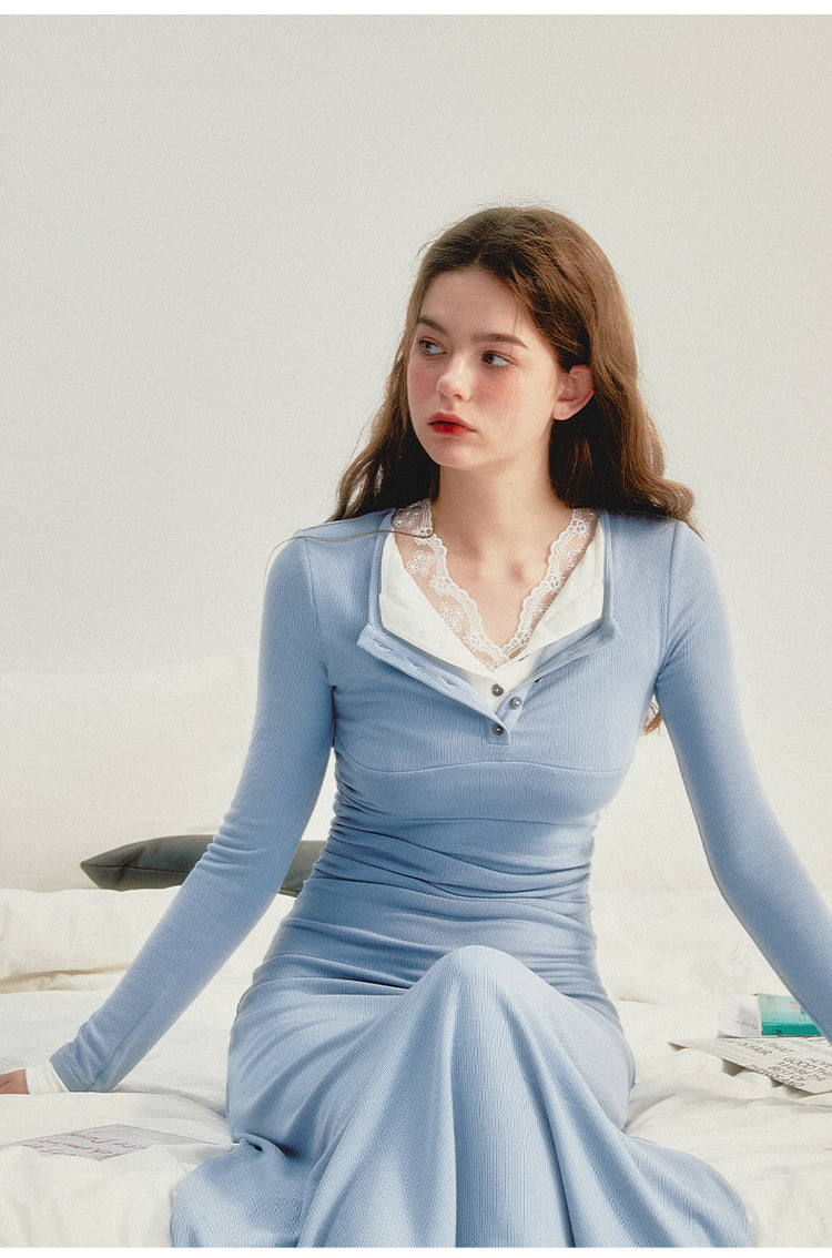 Frog Blue Stitching Lace Dress