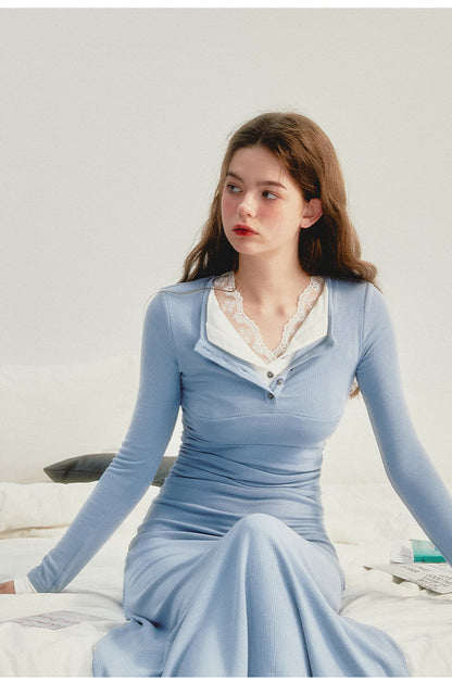 Frog Blue Stitching Lace Dress