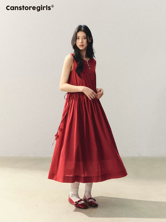"Hyacinth in Red Dress" Sleeveless A-line Midi Dress LL2026005