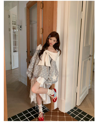 “Starlit Ribbon Reverie” Grey Off-Shoulder Hoodie