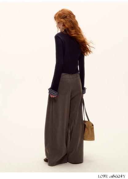 ASGONY - Pleated Wide-Leg Trousers with Detachable Tie (Gray / Brown)