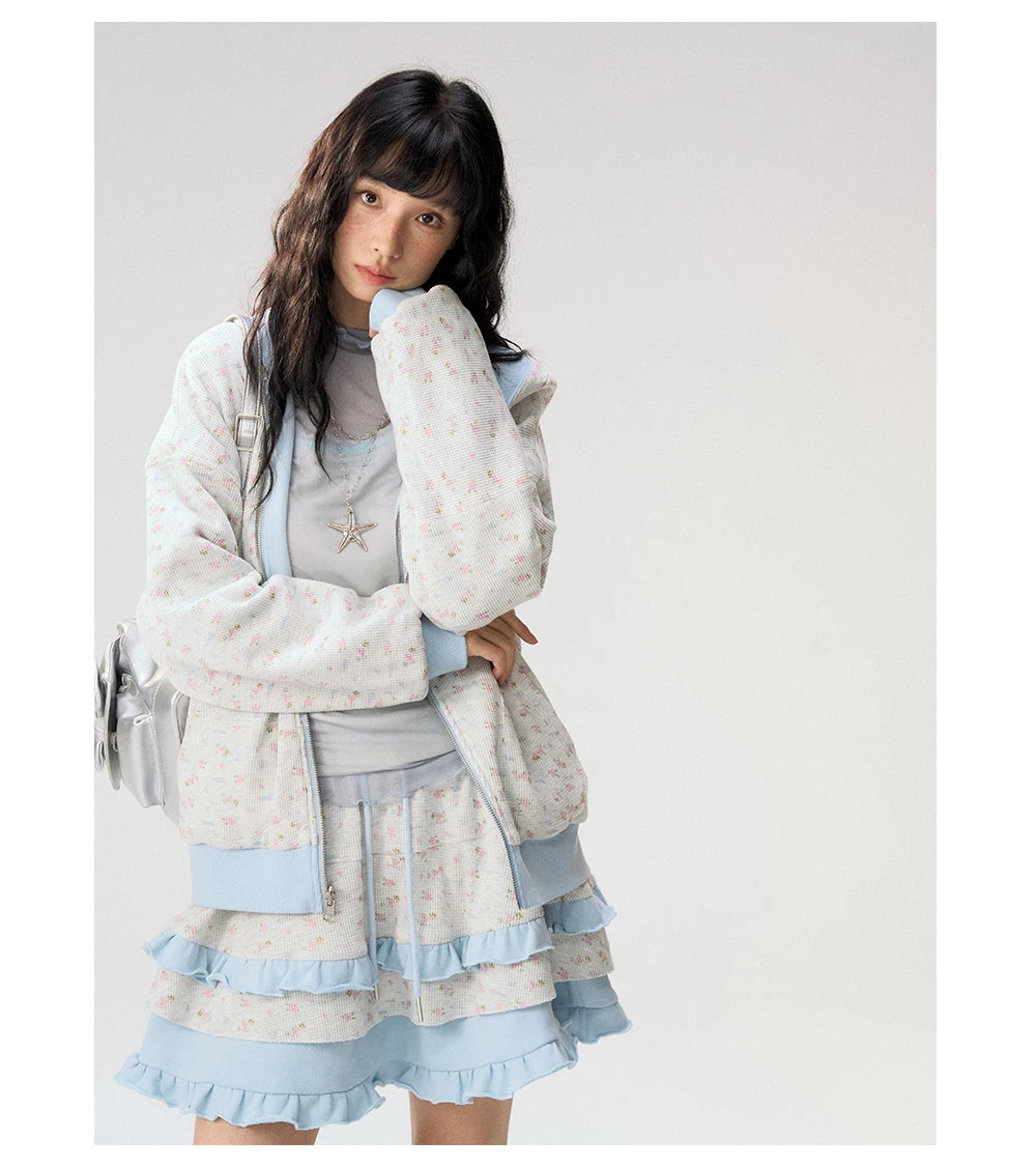 [CAN] "Misty Blue Floral Reverie" Light Blue Floral Set (Reversible Jacket / Sweatpants / Tiered Skirt)