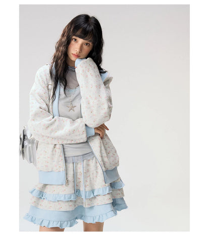 [CAN] "Misty Blue Floral Reverie" Light Blue Floral Set (Reversible Jacket / Sweatpants / Tiered Skirt)