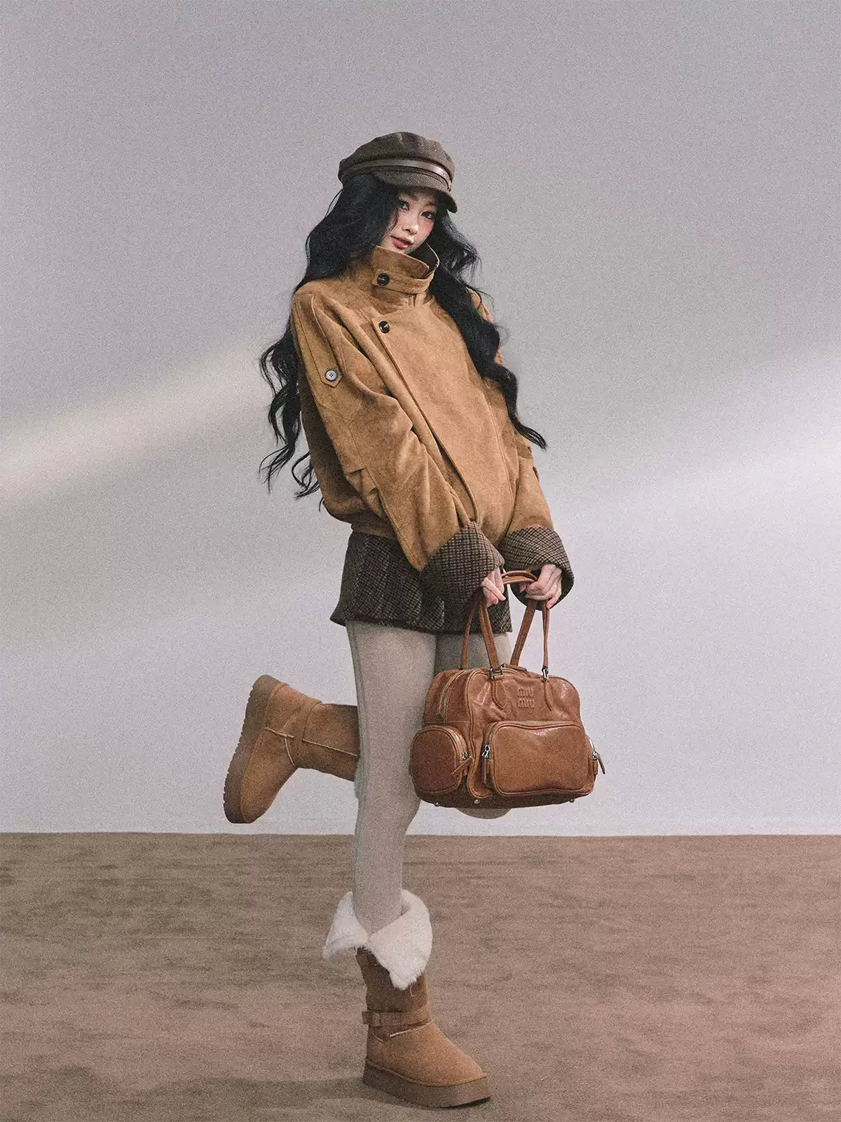 少也眼 Hazelnut Suede-Look Two-Piece Set (Jacket and Skort)