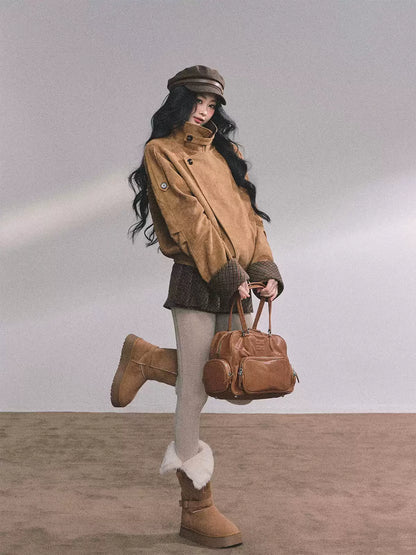 少也眼 Hazelnut Suede-Look Two-Piece Set (Jacket and Skort)