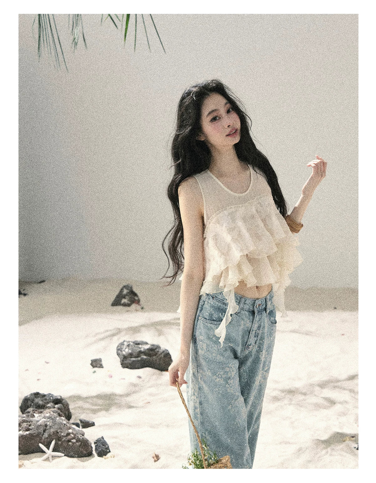 "Twinkling Starlight" Sky Blue Floral Rhinestone Wide-Leg Jeans