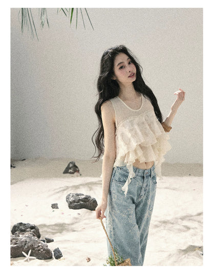 "Twinkling Starlight" Sky Blue Floral Rhinestone Wide-Leg Jeans