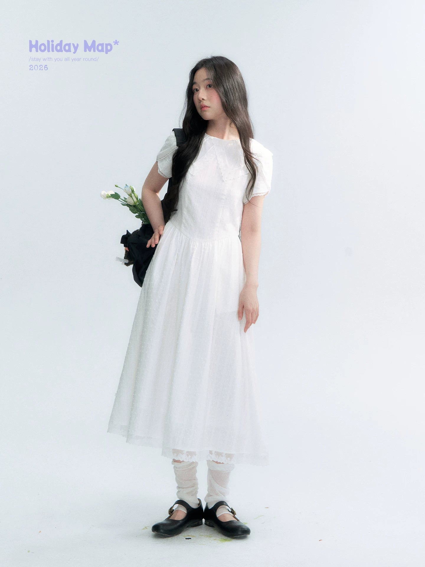 "Moonlight Sonata" White Petal Sleeve Midi Dress