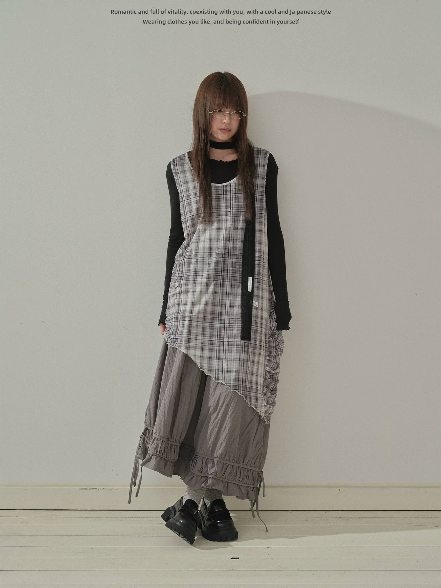 "Quiet Layers" Gray Plaid Mesh Layering Maxi Dress
