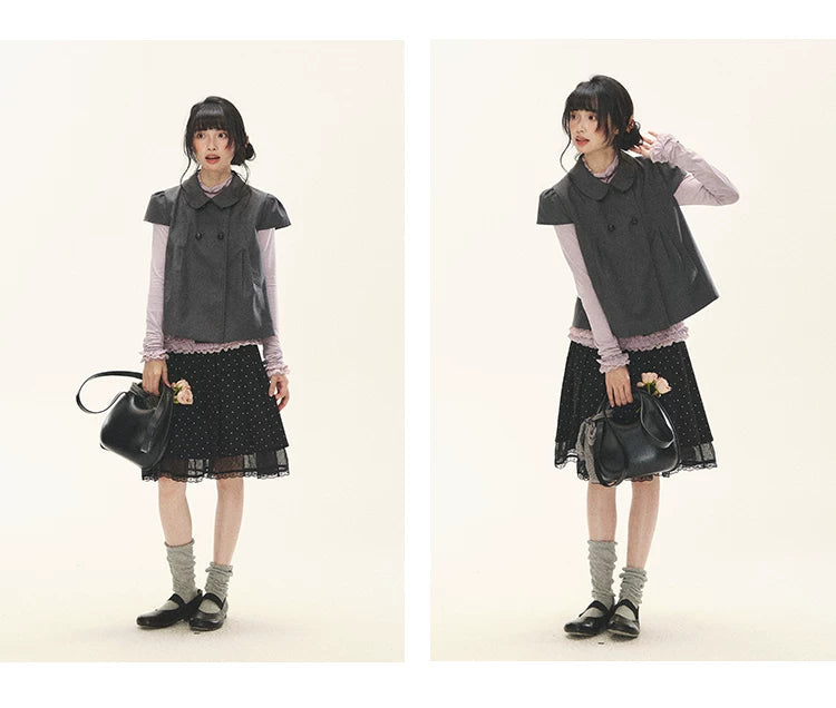 "Polka Reverie" Black Polka Dot Bow Pleated Mini Skirt