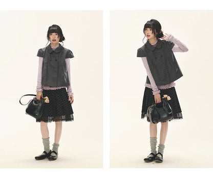 "Polka Reverie" Black Polka Dot Bow Pleated Mini Skirt
