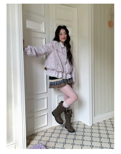 [RF] “Cream Garden Reverie” Light Purple Plaid Ruffle Lace-Trim Jacket