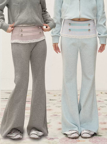 [RF] Soft Gingham Color-Block Hoodie and Flare Pants Set (Blue / Mauve)