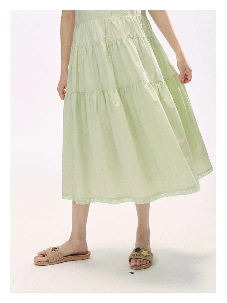 "Mint Forest" Mint Green Double Collar Tiered A-Line Midi Dress