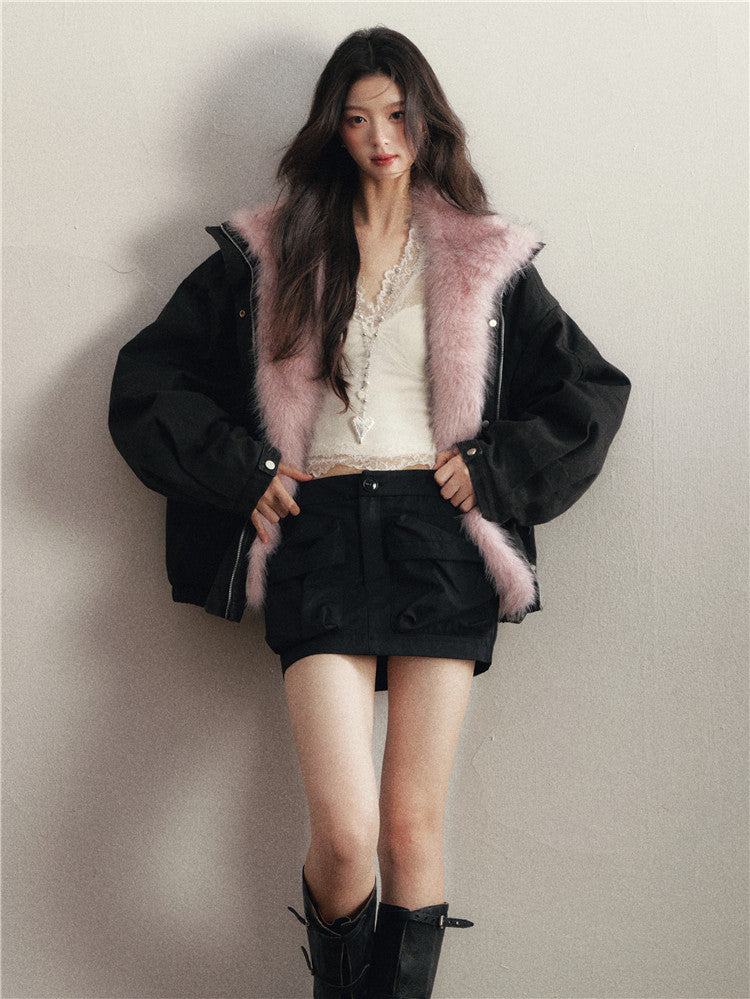 1P - “Kill This Love” Faux Fur-Collar Washed Cotton Padded Jacket