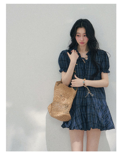 “Soft Pleats in Motion” Academy Blue Bubble Mini Dress