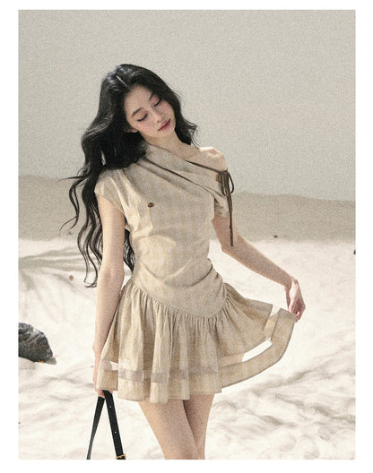 "Traces Left by the Wind" Sand Beige Off-Shoulder Plaid Puff Mini Dress