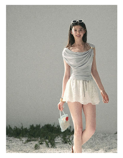 “When the Wind Stole Moonlight” Moonstone Draped Off-Shoulder Top