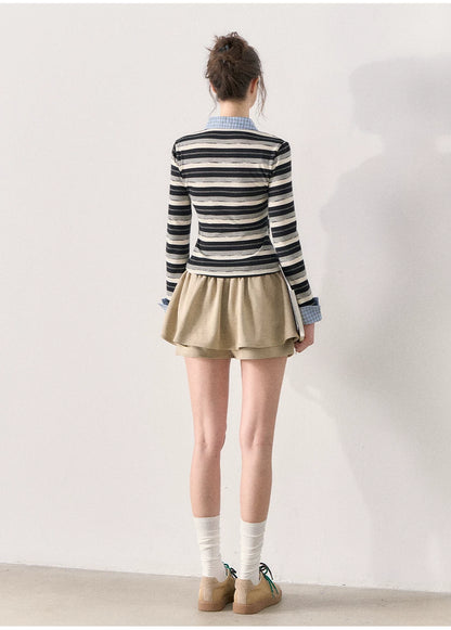[TMMG] Miu-Inspired Striped Faux Two-Piece Long-Sleeve Polo Top