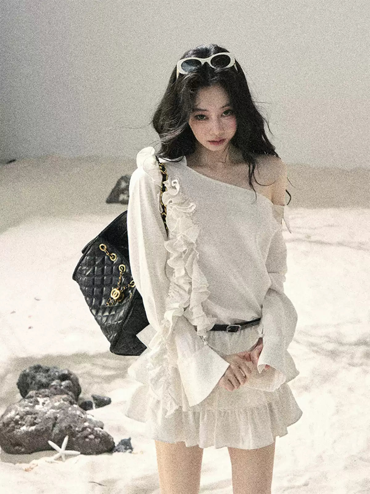 "Petals of Early Summer" Mist White Ruffle One-Shoulder Cake Dress (With Belt) 58648