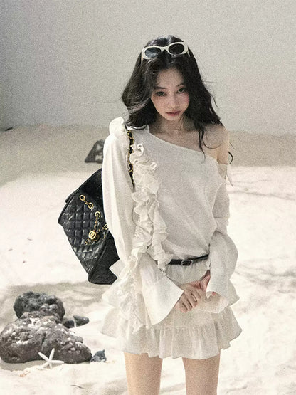 "Petals of Early Summer" Mist White Ruffle One-Shoulder Cake Dress (With Belt) 58648