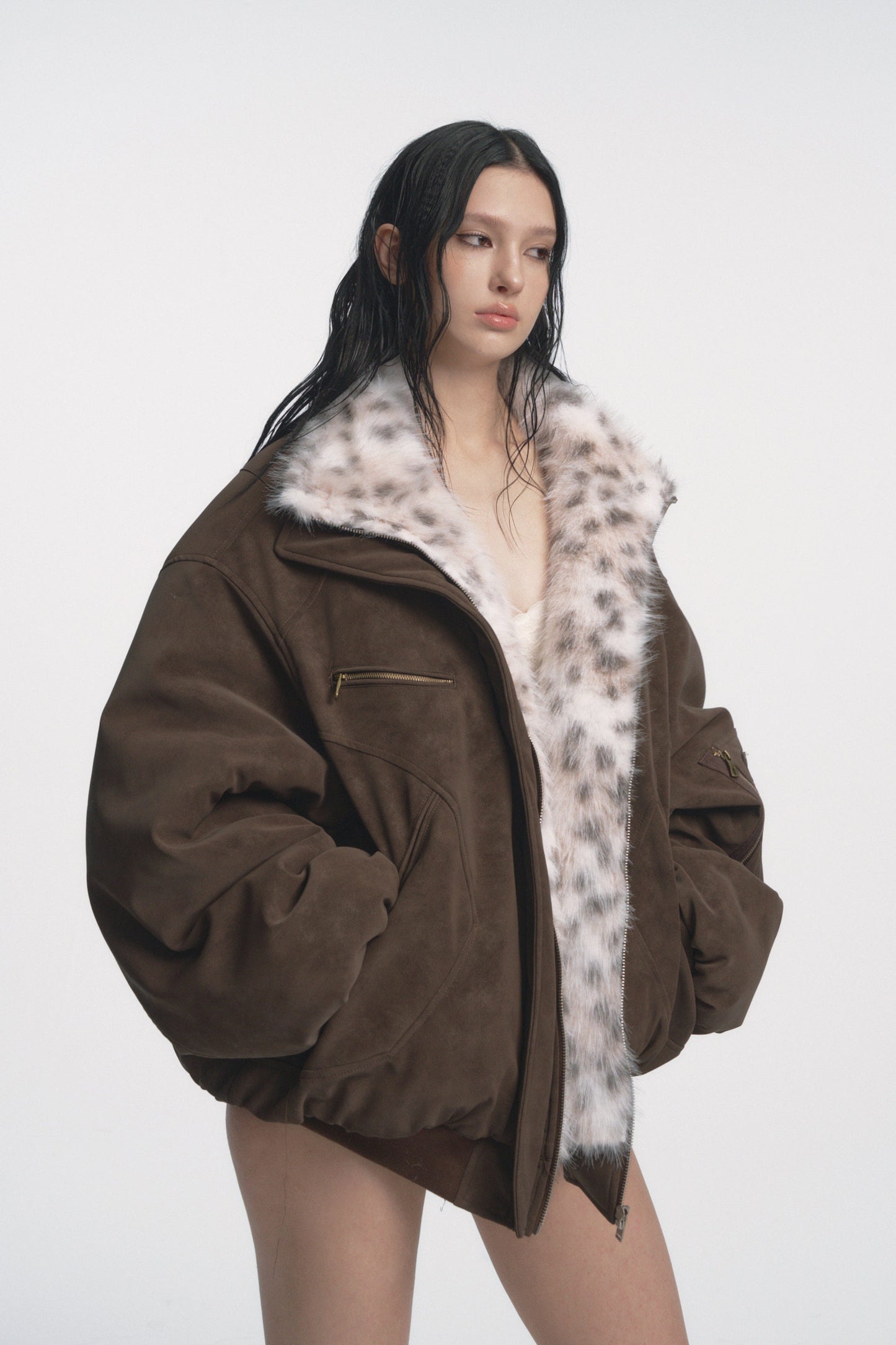 Muirgen - Brown Y2K Reversible Faux Fur Suede Aviator Jacket