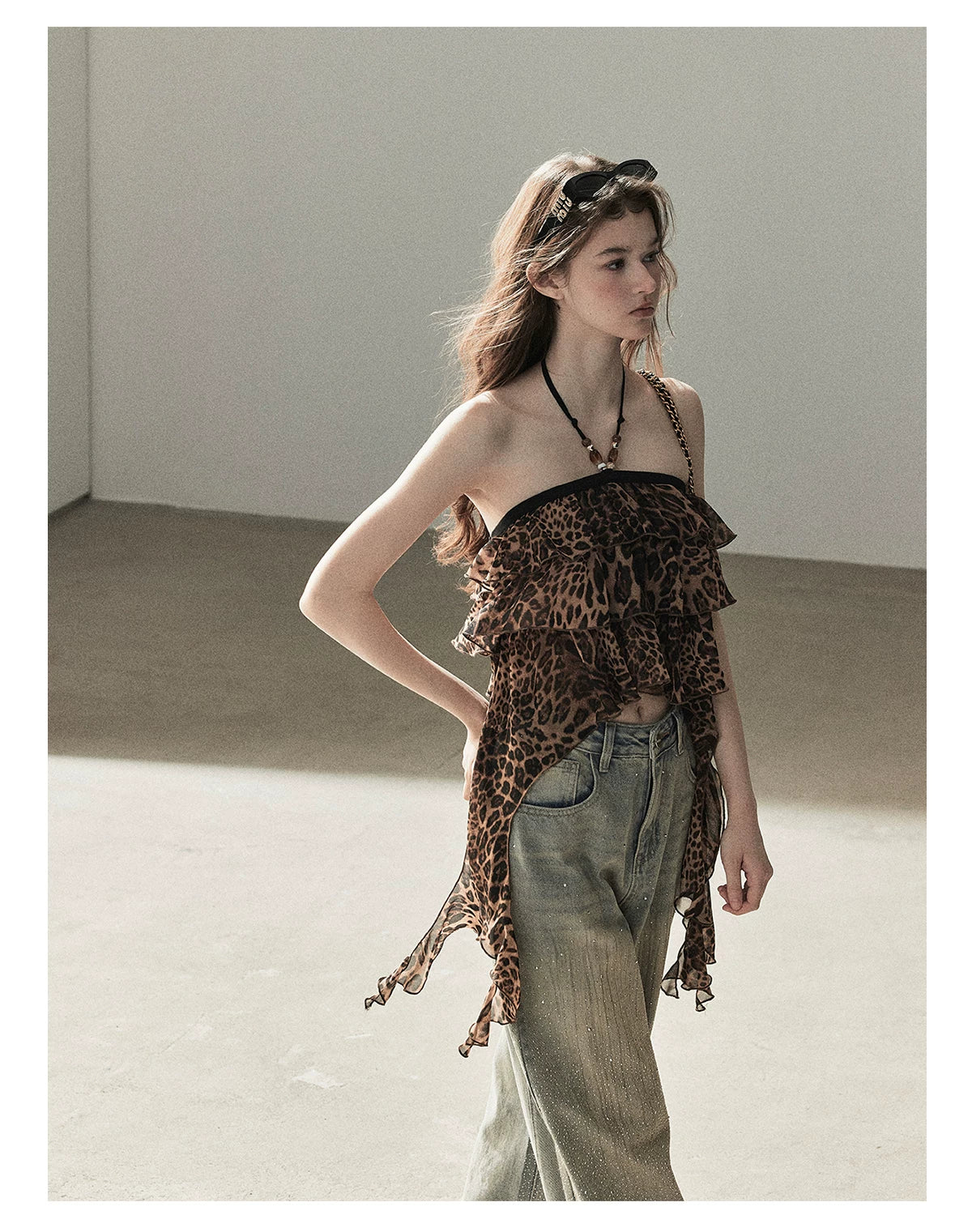 "Chasing the Sunset" Chestnut Brown Leopard Halter Ruffle Crop Top